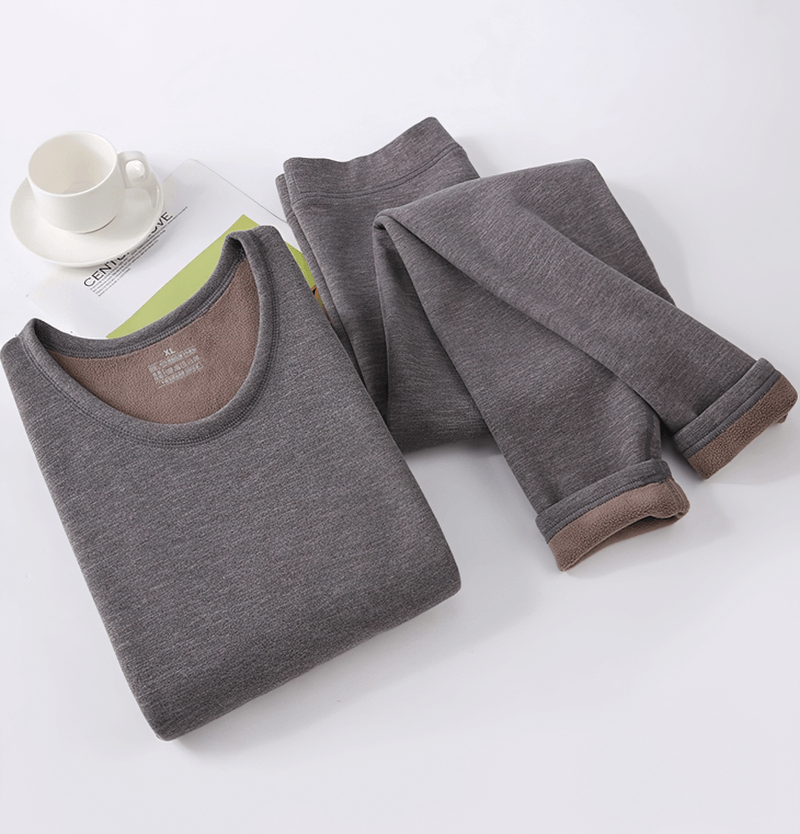 Gray Fleece Men's Thermal Underwear Set with Round Neck and Thickened Fabric - Perfect for Cozy Warmth